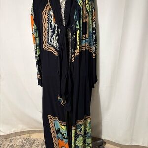 Kembali Duster Kimono Black & Multicolor Maxi Kaftan W Scarf Neckline One Size